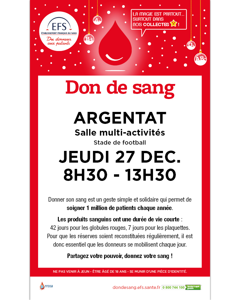 Collecte de sang jeudi 27 décembre